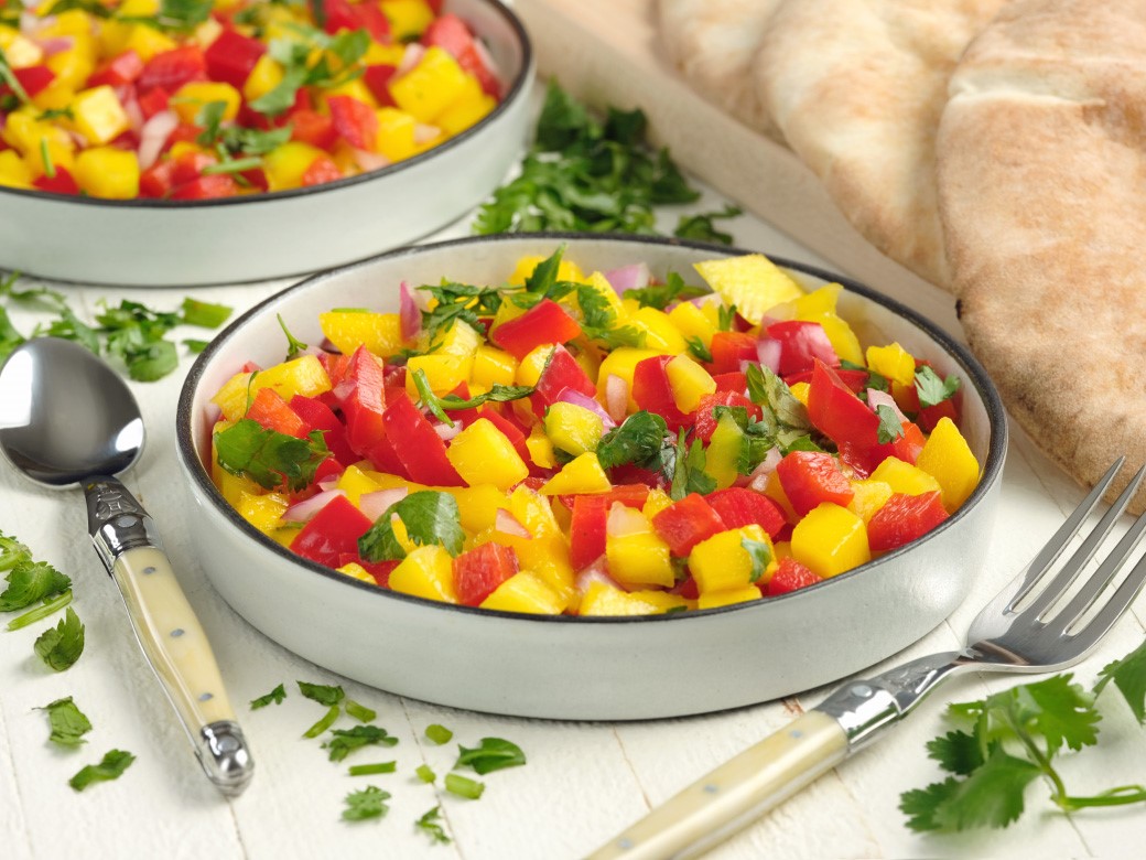 mango salsa with red bell pepper and onions