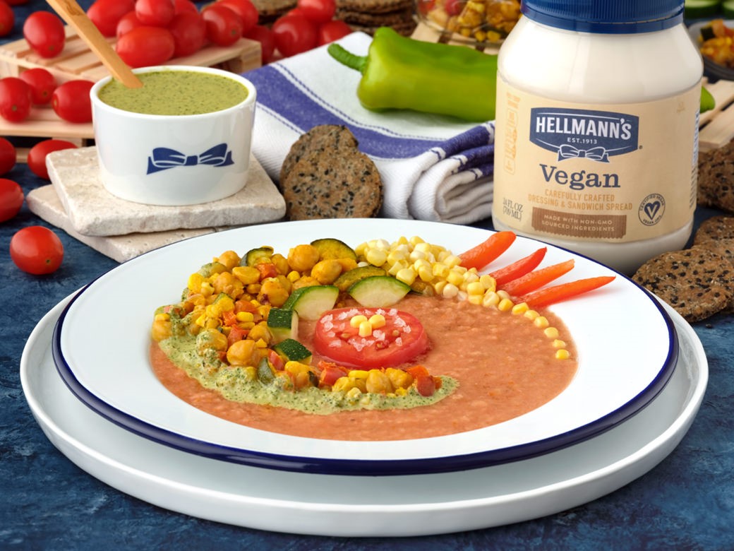 a modern twist on andalusian gazpacho with roasted corn and chickpea salad and spicy basil aioli featuring hellmann's products