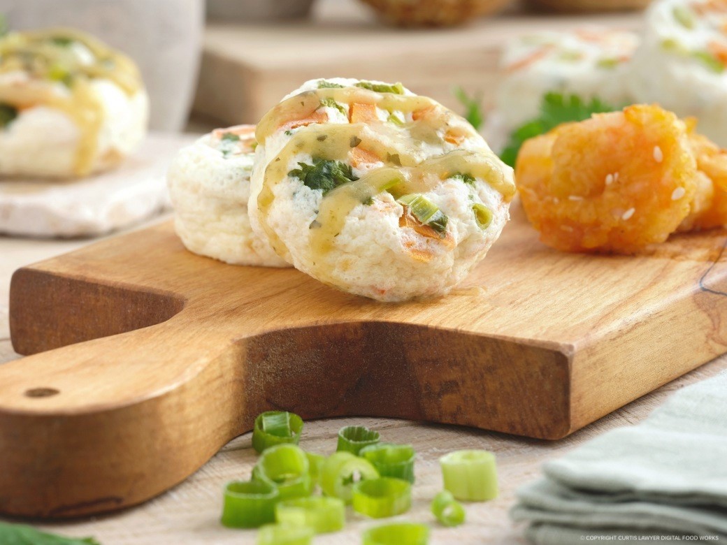 garlic shrimp and cilantro egg bites with cilantro lime drizzle