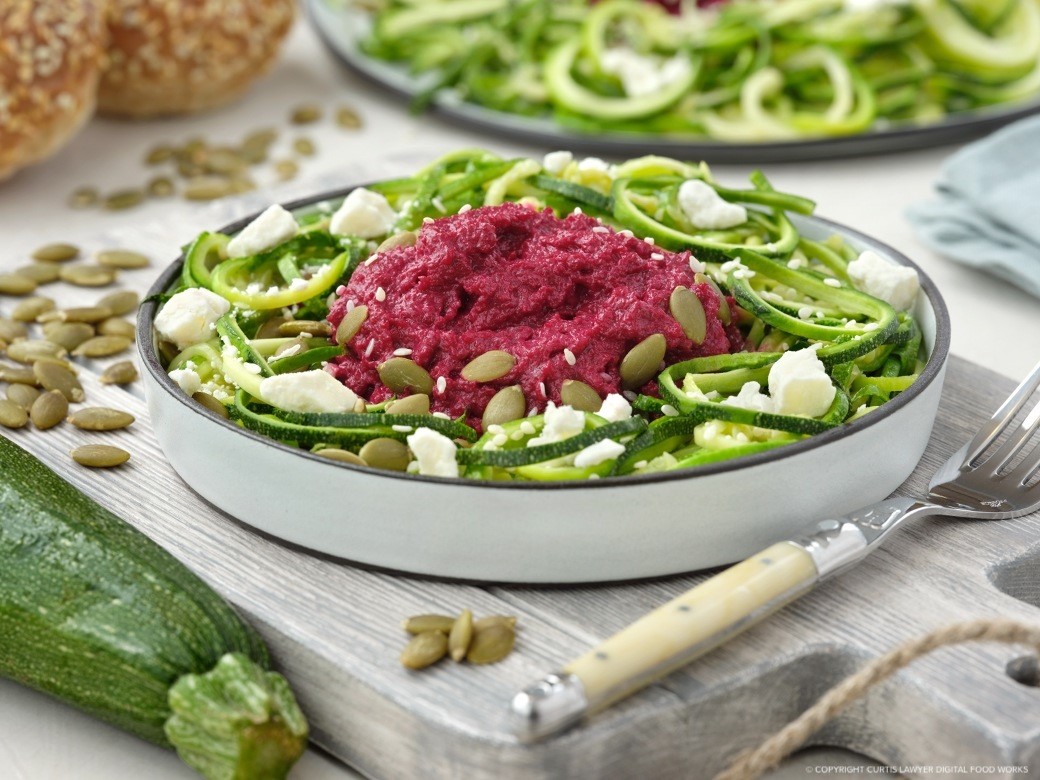 roasted beet hummus with mediterranean noodchini featuring hellmann's products