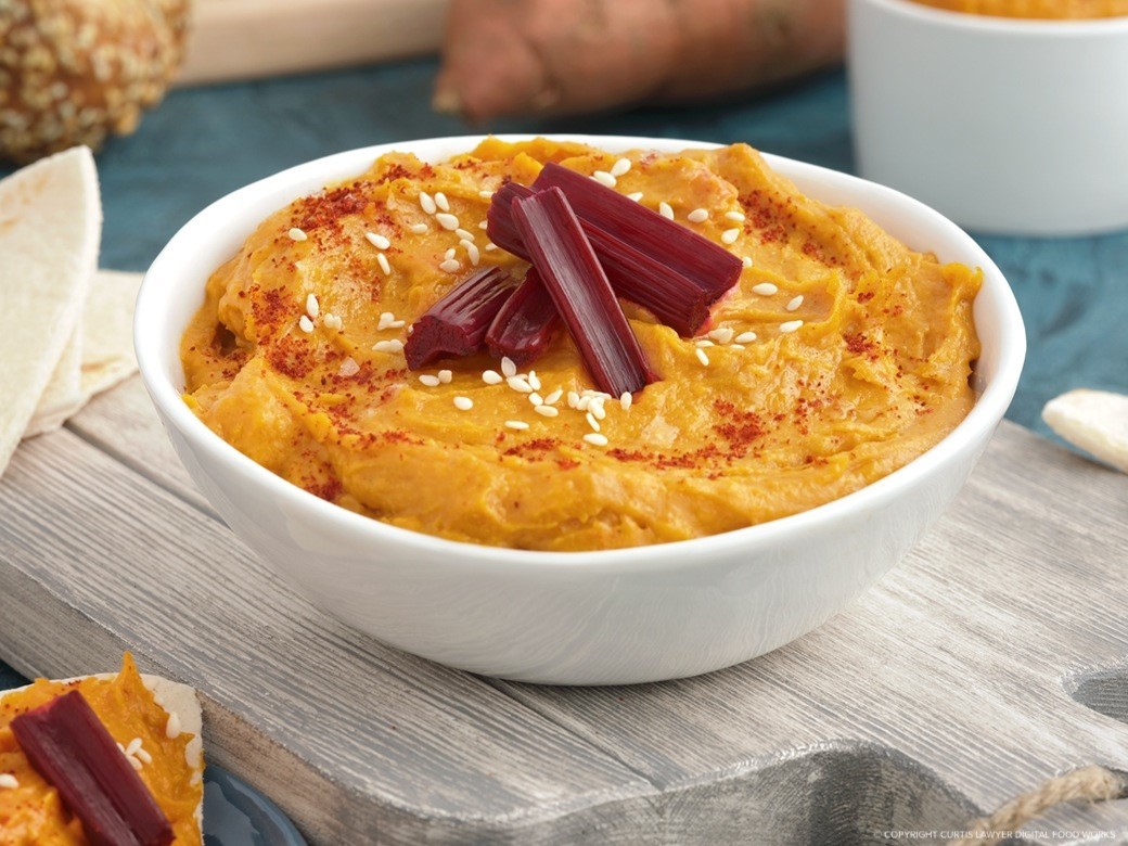 roasted sweet potato hummus made without chickpeas featuring hellmann's products