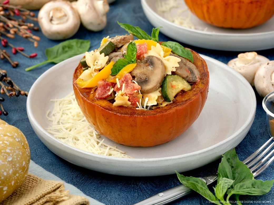 mushroom pasta stuffed sugar and spice pumpkin a great visual thanksgiving table side item featuring hellmann's products